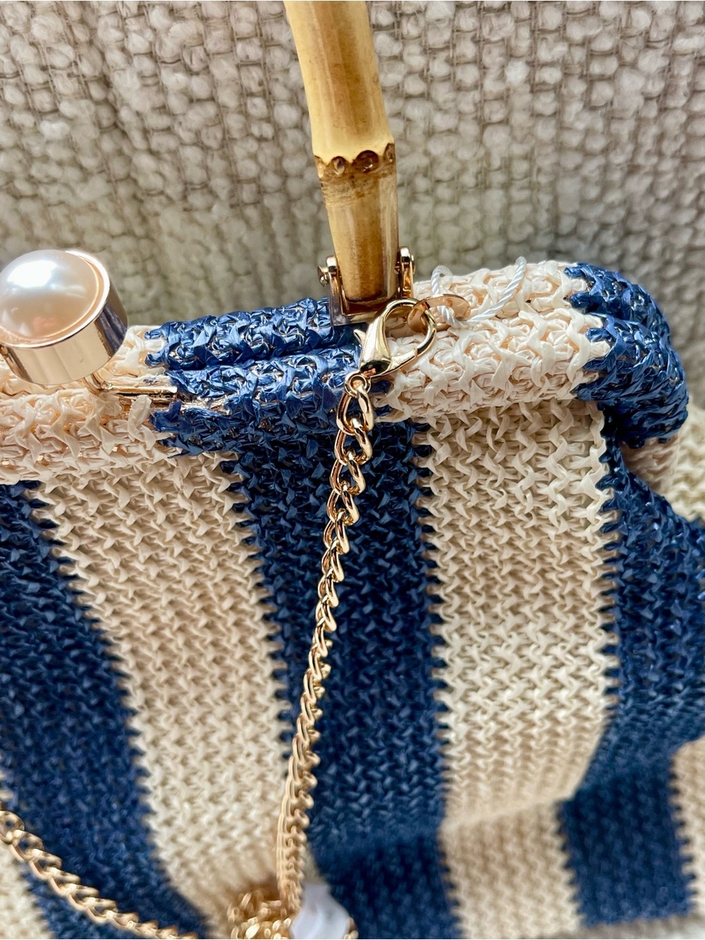 Tommy Bahama Straw Framed Bag Blue/Cream with Bamboo Handle  Gold KISS Lock - Picture 6 of 14
